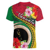 Vanuatu Tribal Boar Tusk Women V-Neck T-Shirt Tropical Plants with Namele and Melanesian Pattern