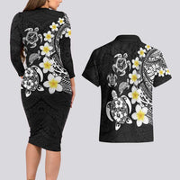 Hawaiian Plumeria Turtles Couples Matching Long Sleeve Bodycon Dress and Hawaiian Shirt Polynesian Art Tattoo
