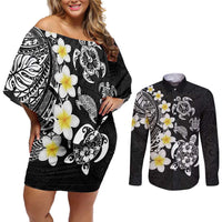 Hawaiian Plumeria Turtles Couples Matching Off Shoulder Short Dress and Long Sleeve Button Shirt Polynesian Art Tattoo
