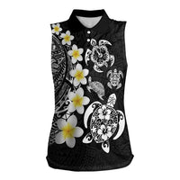 Hawaiian Plumeria Turtles Women Sleeveless Polo Shirt Polynesian Art Tattoo LT03 Female Black - Polynesian Pride
