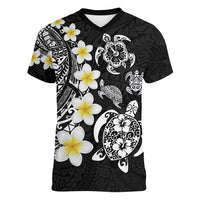 Hawaiian Plumeria Turtles Women V-Neck T-Shirt Polynesian Art Tattoo LT03 Female Black - Polynesian Pride