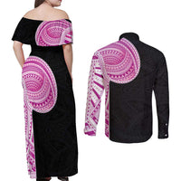 Samoan Art Tattoo Polynesian Pattern Couples Matching Off Shoulder Maxi Dress and Long Sleeve Button Shirt Pink Out Color