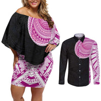 Samoan Art Tattoo Polynesian Pattern Couples Matching Off Shoulder Short Dress and Long Sleeve Button Shirt Pink Out Color