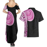 Samoan Art Tattoo Polynesian Pattern Couples Matching Summer Maxi Dress and Hawaiian Shirt Pink Out Color