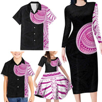 Samoan Art Tattoo Polynesian Pattern Family Matching Long Sleeve Bodycon Dress and Hawaiian Shirt Pink Out Color