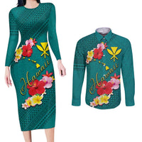 Aloha Kanaka Maoli Hawaii Flowers Couples Matching Long Sleeve Bodycon Dress and Long Sleeve Button Shirt With Polynesian Pattern Teal Color