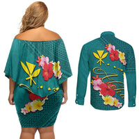 Aloha Kanaka Maoli Hawaii Flowers Couples Matching Off Shoulder Short Dress and Long Sleeve Button Shirt With Polynesian Pattern Teal Color