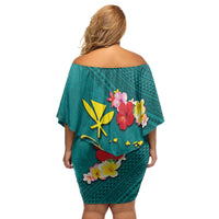 Aloha Kanaka Maoli Hawaii Flowers Family Matching Off Shoulder Short Dress and Hawaiian Shirt With Polynesian Pattern Teal Color