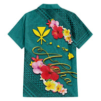 Aloha Kanaka Maoli Hawaii Flowers Family Matching Tank Maxi Dress and Hawaiian Shirt With Polynesian Pattern Teal Color