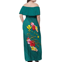 Aloha Kanaka Maoli Hawaii Flowers Off Shoulder Maxi Dress With Polynesian Pattern Teal Color