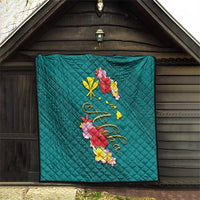 Aloha Kanaka Maoli Hawaii Flowers Quilt With Polynesian Pattern Teal Color