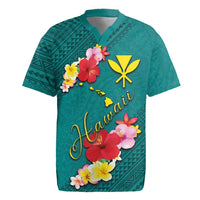 Aloha Kanaka Maoli Hawaii Flowers Rugby Jersey With Polynesian Pattern Teal Color