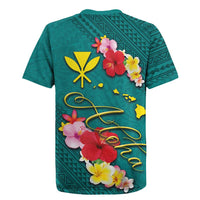 Aloha Kanaka Maoli Hawaii Flowers Rugby Jersey With Polynesian Pattern Teal Color