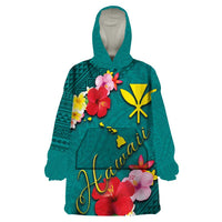 Aloha Kanaka Maoli Hawaii Flowers Wearable Blanket Hoodie With Polynesian Pattern Teal Color LT03 One Size Teal - Polynesian Pride