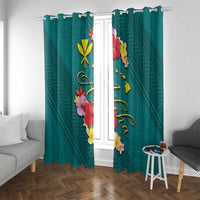 Aloha Kanaka Maoli Hawaii Flowers Window Curtain With Polynesian Pattern Teal Color