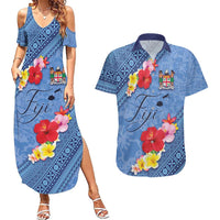 Bula Fiji Hibiscus and Plumeria Flowers Couples Matching Summer Maxi Dress and Hawaiian Shirt Tapa Tattoo Polynesian Pattern