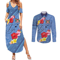 Bula Fiji Hibiscus and Plumeria Flowers Couples Matching Summer Maxi Dress and Long Sleeve Button Shirt Tapa Tattoo Polynesian Pattern