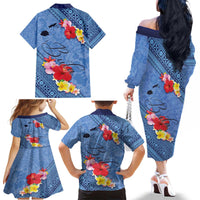 Bula Fiji Hibiscus and Plumeria Flowers Family Matching Off The Shoulder Long Sleeve Dress and Hawaiian Shirt Tapa Tattoo Polynesian Pattern