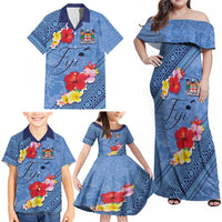 Bula Fiji Hibiscus and Plumeria Flowers Family Matching Off Shoulder Maxi Dress and Hawaiian Shirt Tapa Tattoo Polynesian Pattern