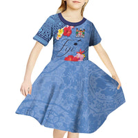 Bula Fiji Hibiscus and Plumeria Flowers Kid Short Sleeve Dress Tapa Tattoo Polynesian Pattern