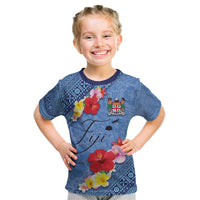 Bula Fiji Hibiscus and Plumeria Flowers Kid T Shirt Tapa Tattoo Polynesian Pattern LT03 Blue - Polynesian Pride