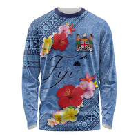 Bula Fiji Hibiscus and Plumeria Flowers Long Sleeve Shirt Tapa Tattoo Polynesian Pattern LT03 Unisex Blue - Polynesian Pride