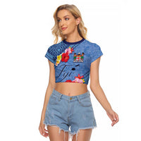 Bula Fiji Hibiscus and Plumeria Flowers Raglan Cropped T Shirt Tapa Tattoo Polynesian Pattern