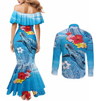 Hawaii Sea Turtle and Tropical Flowers Couples Matching Mermaid Dress and Long Sleeve Button Shirt Polynesian Tattoo Undersea Vibe