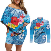 Hawaii Sea Turtle and Tropical Flowers Couples Matching Off Shoulder Short Dress and Long Sleeve Button Shirt Polynesian Tattoo Undersea Vibe