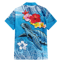 Hawaii Sea Turtle and Tropical Flowers Family Matching Off The Shoulder Long Sleeve Dress and Hawaiian Shirt Polynesian Tattoo Undersea Vibe