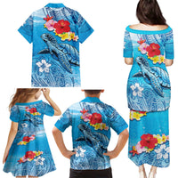 Hawaii Sea Turtle and Tropical Flowers Family Matching Puletasi and Hawaiian Shirt Polynesian Tattoo Undersea Vibe