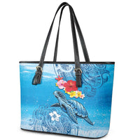 Hawaii Sea Turtle and Tropical Flowers Leather Tote Bag Polynesian Tattoo Undersea Vibe