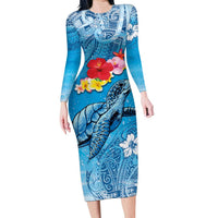 Hawaii Sea Turtle and Tropical Flowers Long Sleeve Bodycon Dress Polynesian Tattoo Undersea Vibe