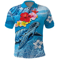 Hawaii Sea Turtle and Tropical Flowers Polo Shirt Polynesian Tattoo Undersea Vibe LT03 Blue - Polynesian Pride