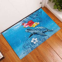 Hawaii Sea Turtle and Tropical Flowers Rubber Doormat Polynesian Tattoo Undersea Vibe