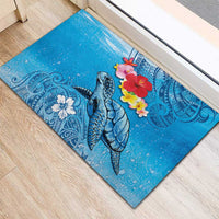 Hawaii Sea Turtle and Tropical Flowers Rubber Doormat Polynesian Tattoo Undersea Vibe