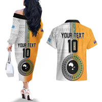 Custom Fiji and Australia Rugby Couples Matching Off The Shoulder Long Sleeve Dress and Hawaiian Shirt Aboriginal and Fijian Masi Pattern