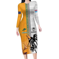 Custom Fiji and Australia Rugby Long Sleeve Bodycon Dress Aboriginal and Fijian Masi Pattern LT03 Long Dress White - Polynesian Pride