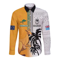 Custom Fiji and Australia Rugby Long Sleeve Button Shirt Aboriginal and Fijian Masi Pattern