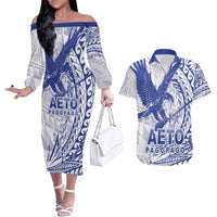 American Samoa Pago Pago Aeto Couples Matching Off The Shoulder Long Sleeve Dress and Hawaiian Shirt Wingstyle Blue-White Color LT03 White - Polynesian Pride