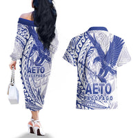 American Samoa Pago Pago Aeto Couples Matching Off The Shoulder Long Sleeve Dress and Hawaiian Shirt Wingstyle Blue-White Color LT03 - Polynesian Pride