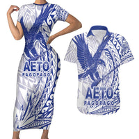 American Samoa Pago Pago Aeto Couples Matching Short Sleeve Bodycon Dress and Hawaiian Shirt Wingstyle Blue-White Color LT03 White - Polynesian Pride