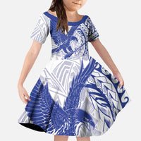 American Samoa Pago Pago Aeto Family Matching Off The Shoulder Long Sleeve Dress and Hawaiian Shirt Wingstyle Blue-White Color LT03 Daughter's Dress White - Polynesian Pride