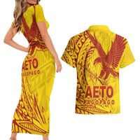 American Samoa Pago Pago Aeto Couples Matching Short Sleeve Bodycon Dress and Hawaiian Shirt Wingstyle Red-Gold Color LT03 - Polynesian Pride