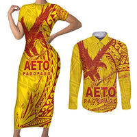 Samoa Pago Pago Aeto Couples Matching Short Sleeve Bodycon Dress and Long Sleeve Button Shirt Wingstyle Red-Gold Color - Polynesian Pride