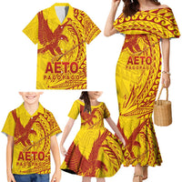 Samoa Pago Pago Aeto Family Matching Mermaid Dress and Hawaiian Shirt Wingstyle Red-Gold Color - Polynesian Pride