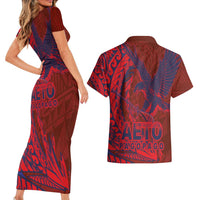 American Samoa Pago Pago Aeto Couples Matching Short Sleeve Bodycon Dress and Hawaiian Shirt Wingstyle Red-Blue Color LT03 - Polynesian Pride
