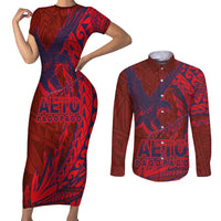 Samoa Pago Pago Aeto Couples Matching Short Sleeve Bodycon Dress and Long Sleeve Button Shirt Wingstyle Red-Blue Color - Polynesian Pride