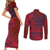 Samoa Pago Pago Aeto Couples Matching Short Sleeve Bodycon Dress and Long Sleeve Button Shirt Wingstyle Red-Blue Color - Polynesian Pride