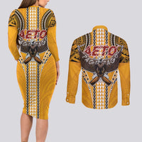 Samoa Pago Pago Aeto Couples Matching Long Sleeve Bodycon Dress and Long Sleeve Button Shirt Bald Eagle with Polynesian Art Tattoos - Polynesian Pride
